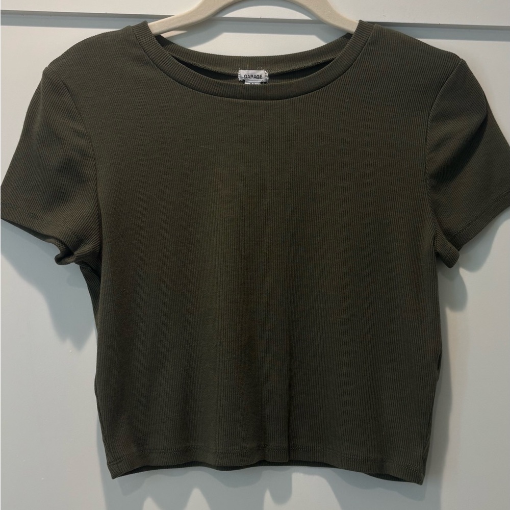 Garage Dark Green Ribbed Short Sleeve Top